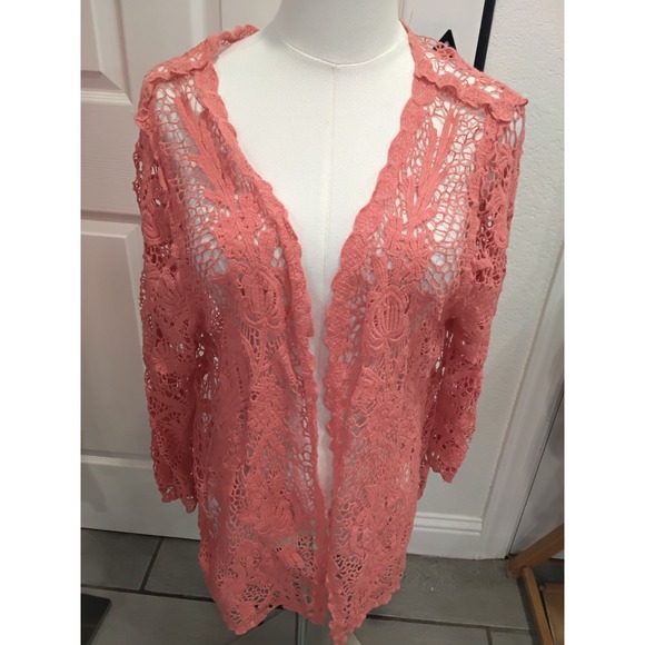 Fever Sweaters - Fever Coral Pink Floral Crochet Lace Open Front Cardigan XL Cotton Boho Layering